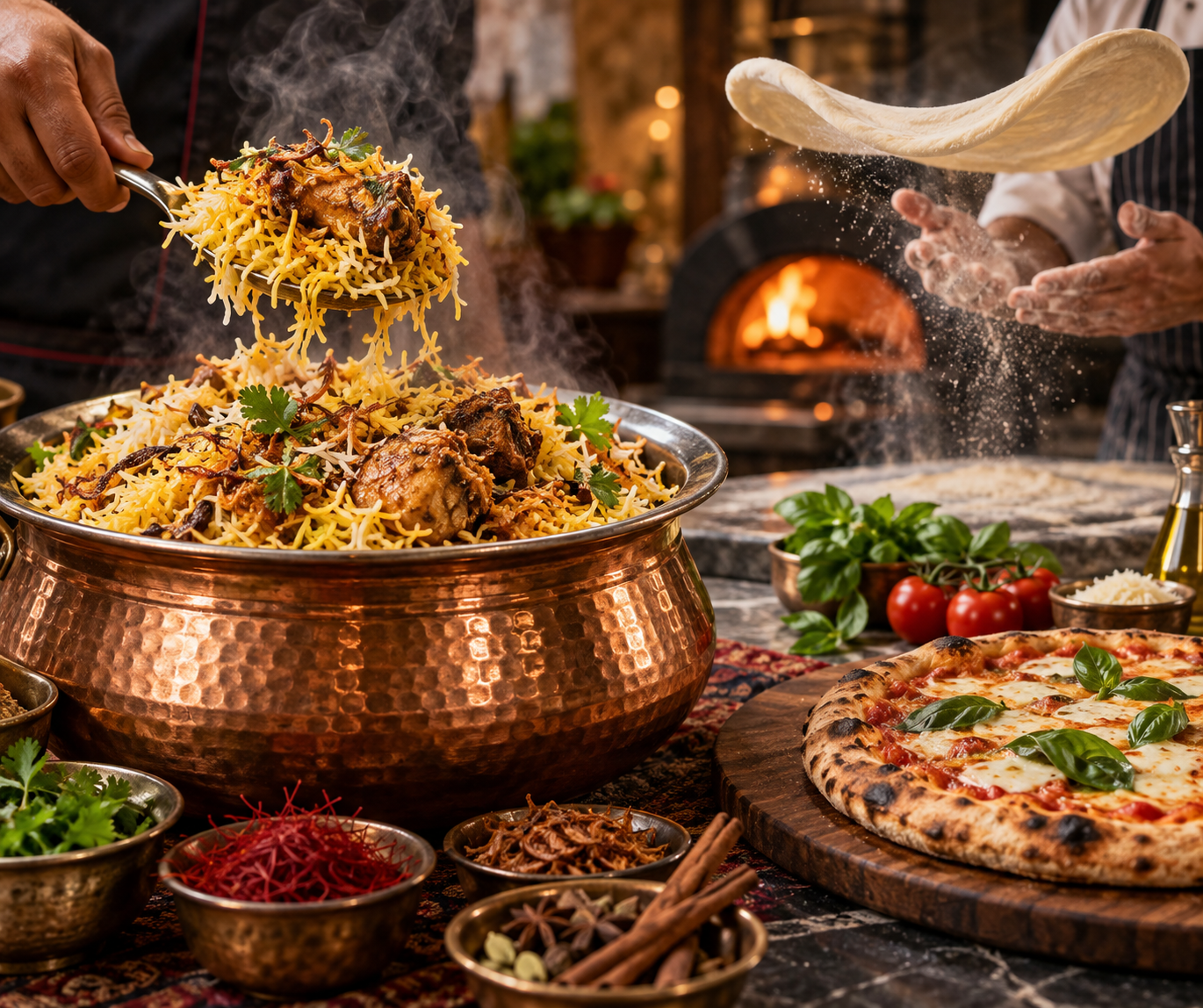 Fresh pizza dough and fragrant biryani rice being prepared in the kitchen